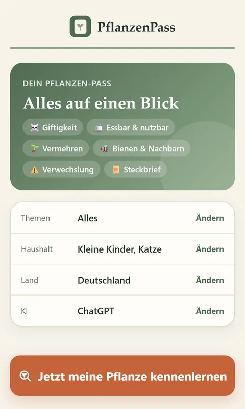 PflanzenPass-App: Zusammenfassung und Button Jetzt meine Pflanze kennenlernen