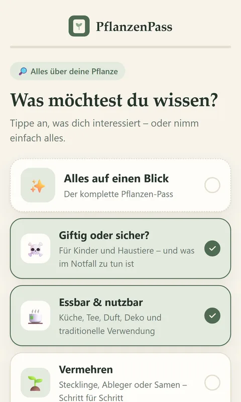 PflanzenPass-App: Themen auswählen, zum Beispiel Giftig oder sicher und Essbar